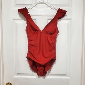KONA SOL Maroon One Piece Swimsuit V-Neck Ruffles on shoulders Small